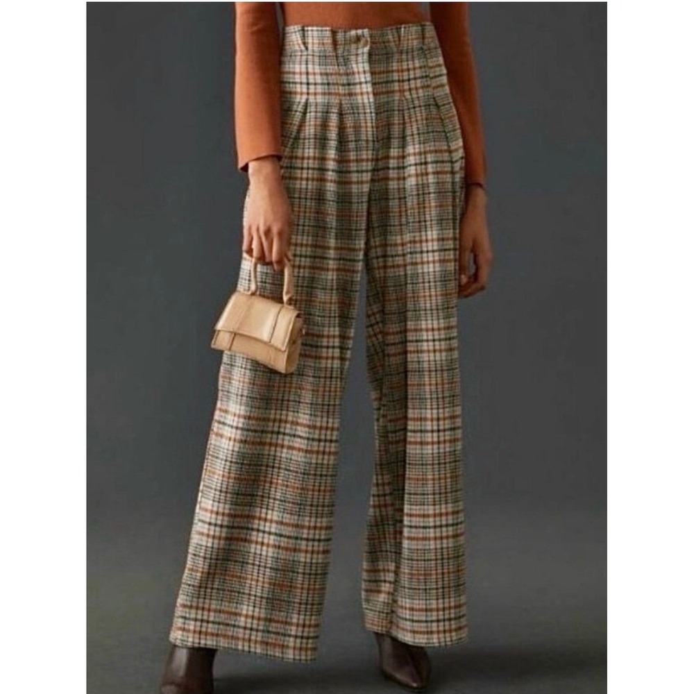Anthropologie Maeve Wide Leg Pleated Plaid Trousers Size 10 Fall Preppy Academia